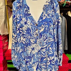 Lilly Pulitzer Elsa Silk Top - Blue Tang Flocking Fabulous (Size XS)